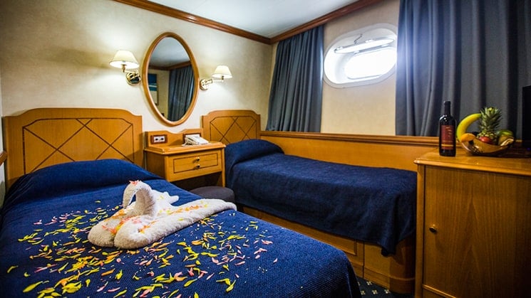 Two twin beds with towel made into a swan, mirror, porthole window and curtains aboard Panorama II.
