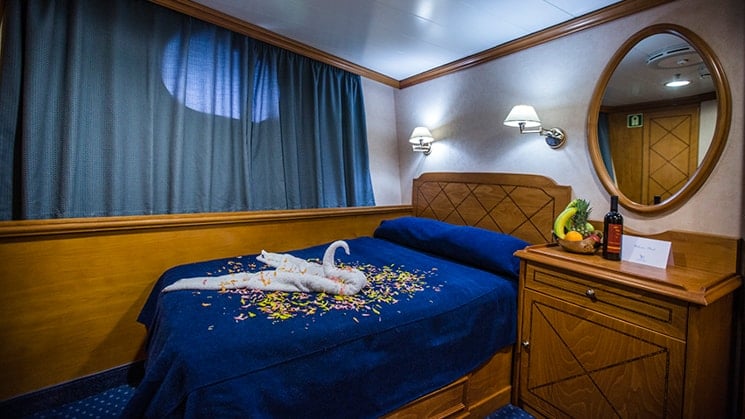 Bed with towel shaped like a swan and small porthole, mirror and curtains aboard Panorama II