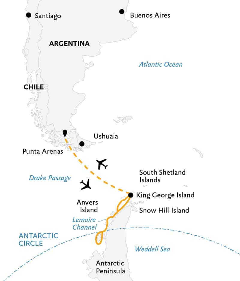 Route map of Crossing the Circle Antarctica small ship air cruise, operating round-trip from Punta Arenas, Chile with a charter flight to King George Island, cruise along the Peninsula & the opportunity to cross the Antarctic Circle.