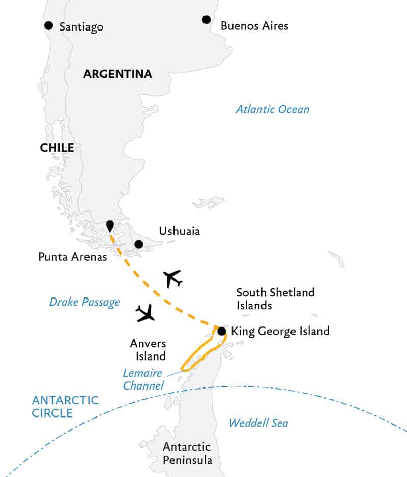 Route map of Antarctic Express: Fly the Drake Antarctica small ship air cruise, operating round-trip from Punta Arenas, Chile, with a charter flight to and from King George Island where guests embark and disembark the vessel to the Peninsula & South Shetland Islands.