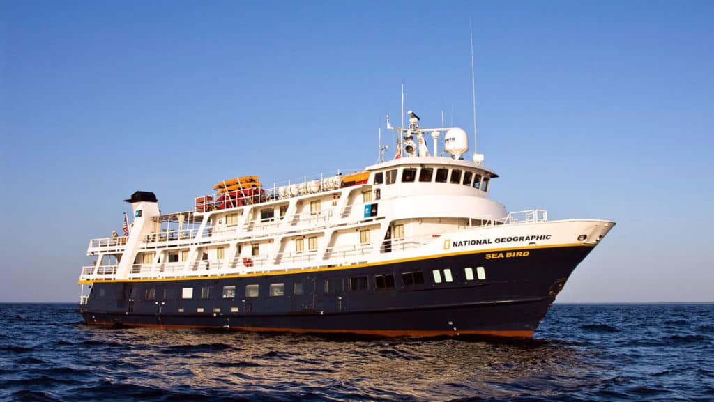 Full exterior of starboard side and bow of National Geographic Sea Bird expedition ship