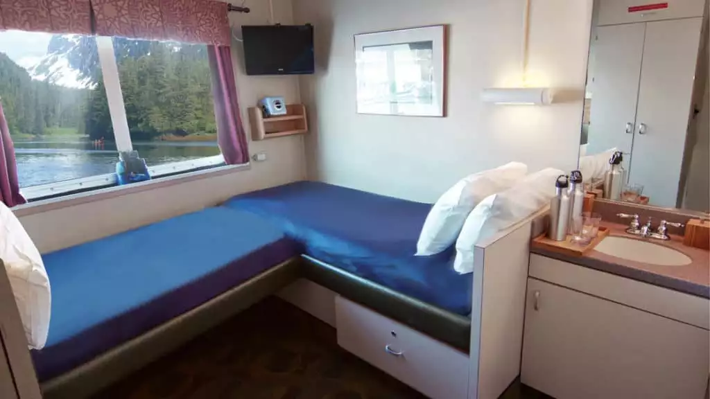 Single Navigator cabin 104 with fixed twin beds aboard Wilderness Explorer (only available for double occupancy with 1 adult & 1 child)