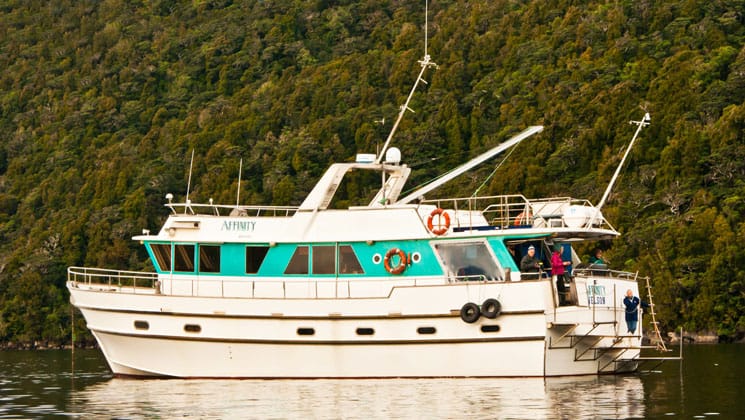 Port side exterior of the Affinity cruising in New Zealand.