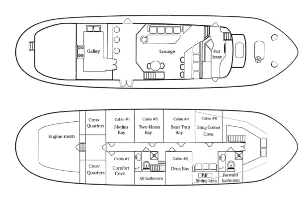 Schematic of Discovery classic working yacht in Alaska showing layouts of two decks