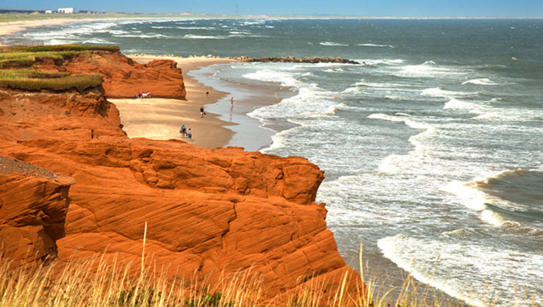 Sandstone cliffs overlooking beach and Labrador sea