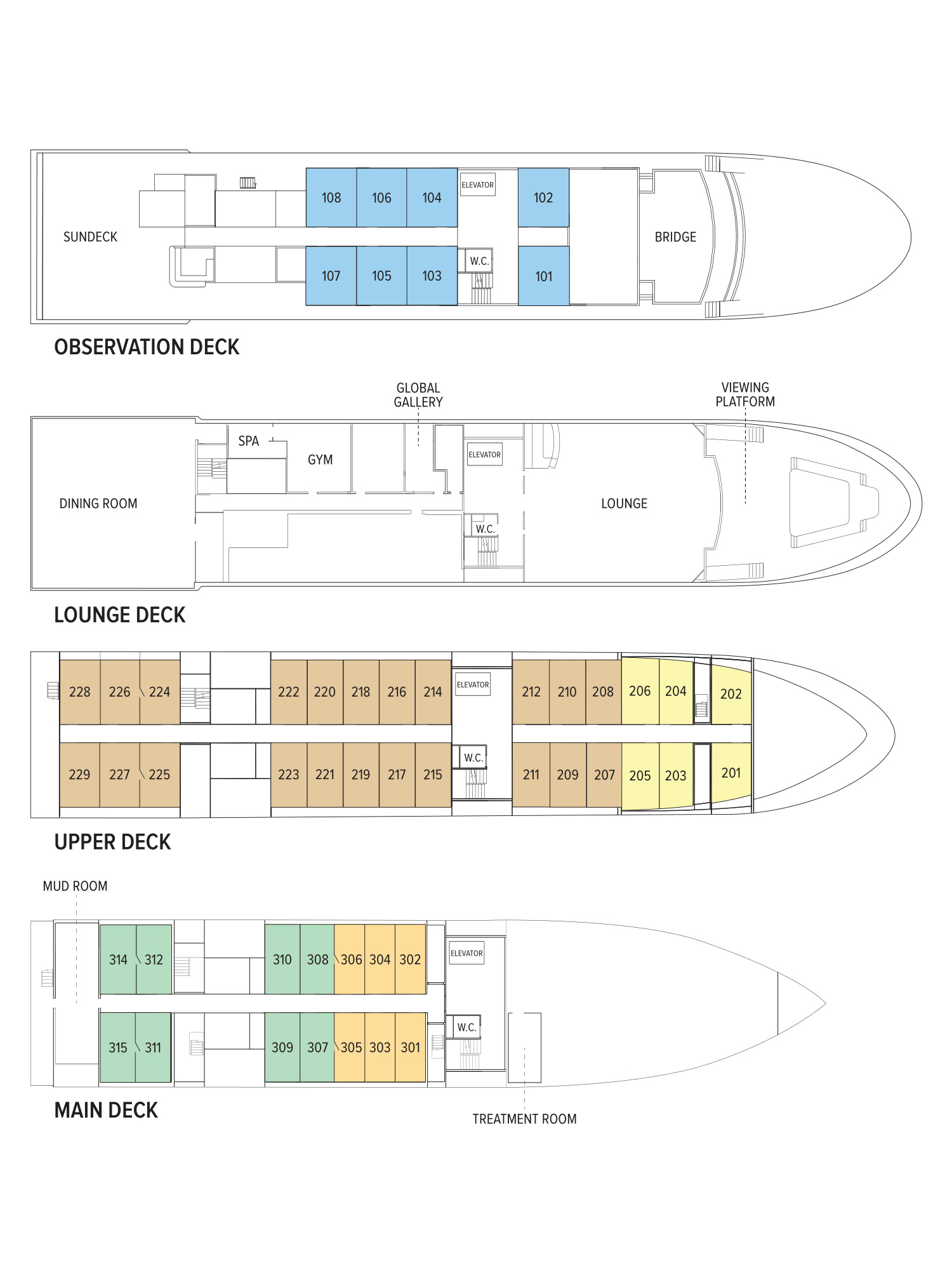 Deck plan detailing Main Deck, Upper Deck, Lounge Deck, and Observation Deck of National Geographic Venture & Nat Geo Quest expedition ships