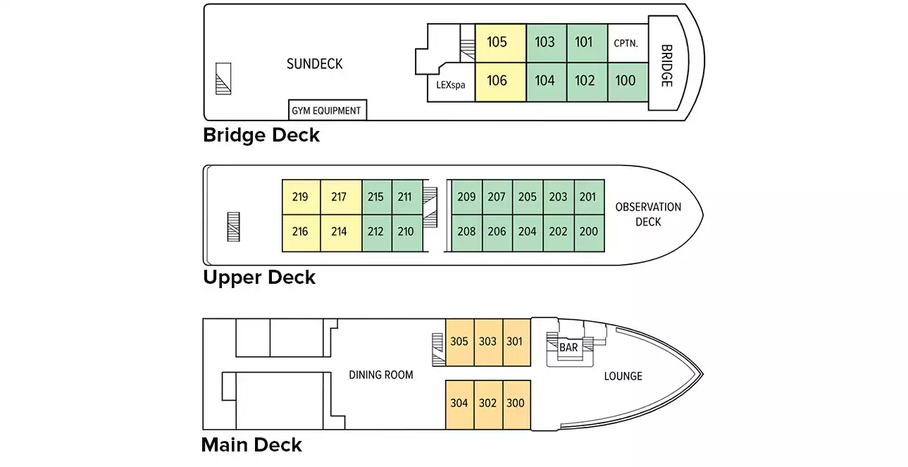 Deck plan showing Main Deck, Upper Deck and Bridge Deck of National Geographic Sea Bird & Nat Geo Sea Lion expedition ships.