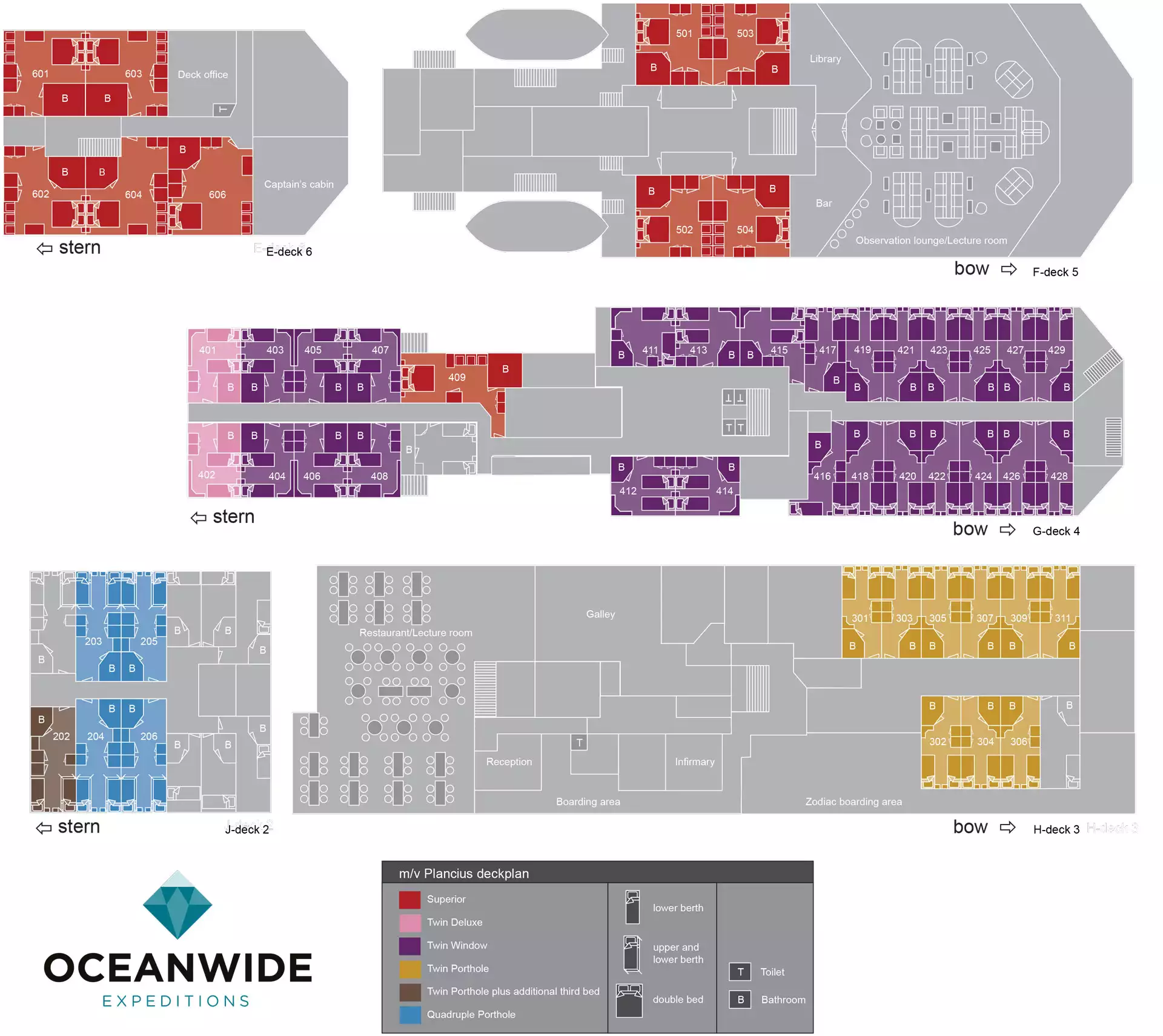 Plancius deck plan showing 50 color-coded cabins over 4 passenger decks plus social areas such as the Observation Lounge.