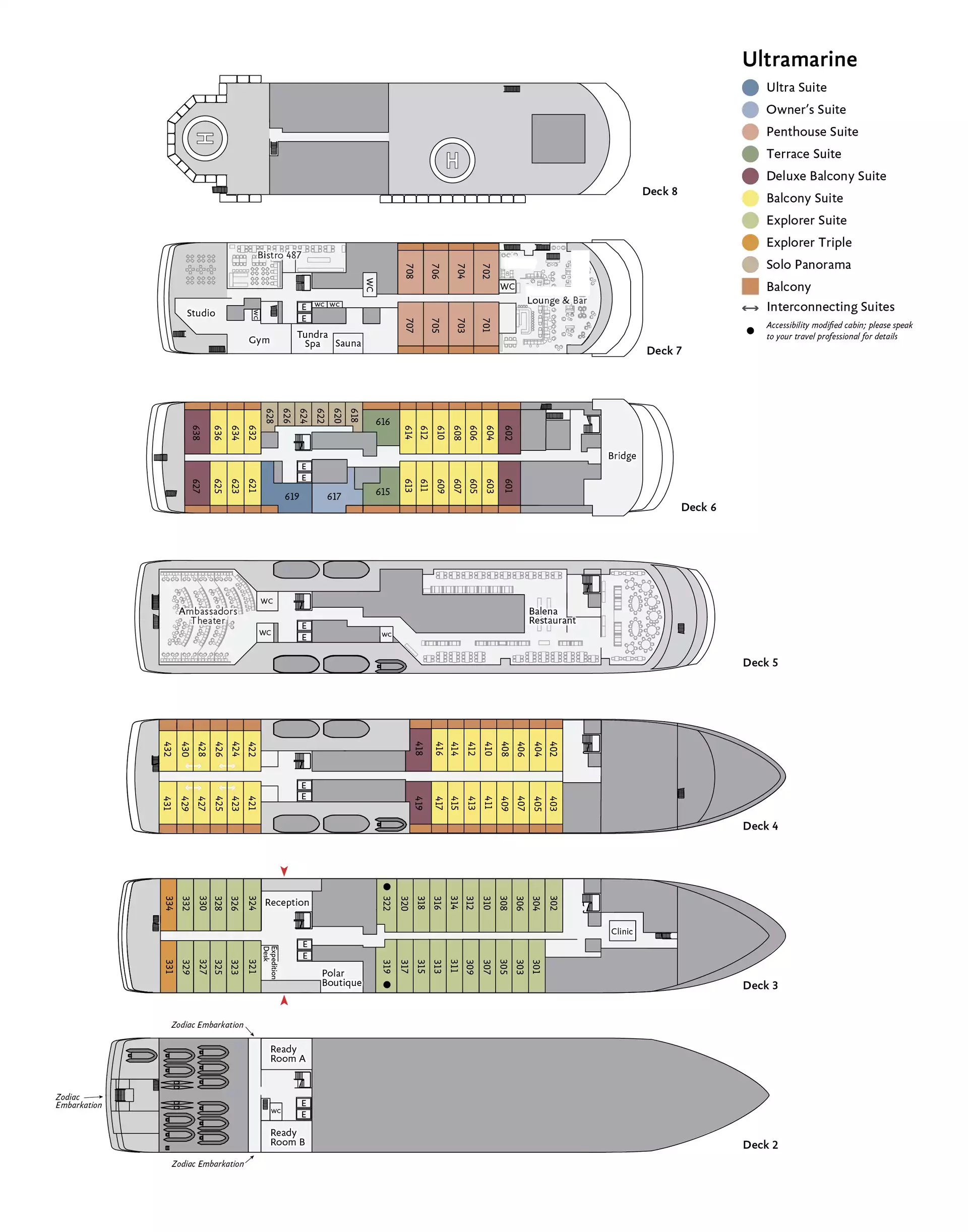 Deck plan of Ultramarine polar vessel showing 103 cabins & 7 decks.