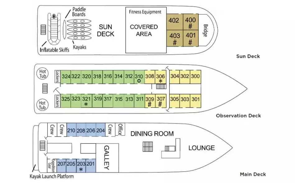 Deck plan of the Wilderness Discoverer showing 4 decks and cabin categories by color.