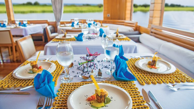 Plated meal on white plate with blue napkin & large windows to look out at the river, in dining room of Amazon ship Delfin II.