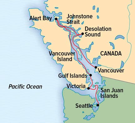 Exploring British Columbia & the San Juan Islands cruise route map from Seattle to Vancouver.