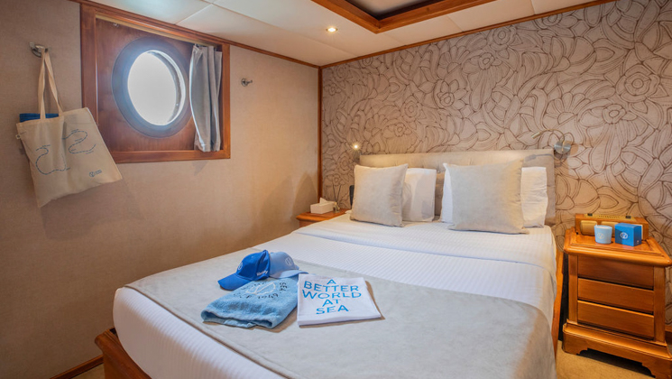 Cabin with double bed in beige, wood bedside tables, silver floral accent wall & silver hook with tote bag on Galileo ship.
