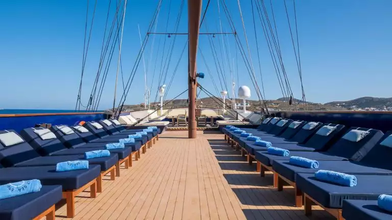 A large open sun deck below the rigging allows for ample tanning aboard the Galileo while cruising the Aegean sea Mediterranean
