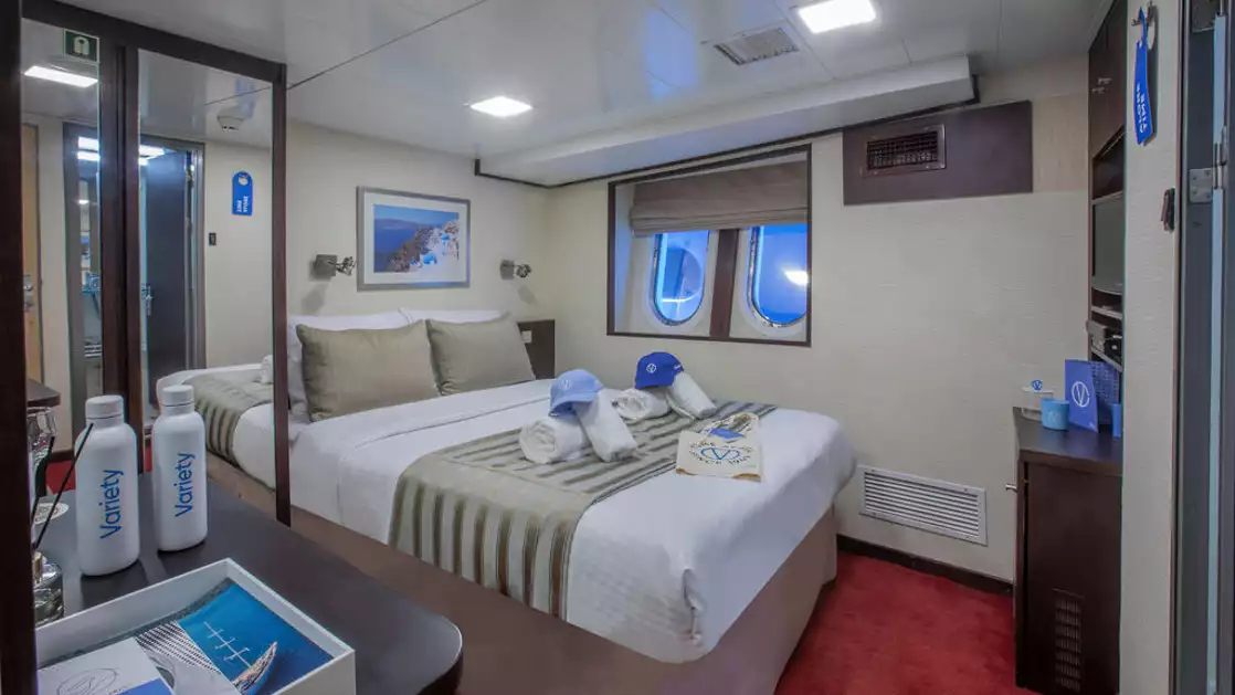 Harmony V Category C stateroom with double bed, 2 small windows and bathroom.