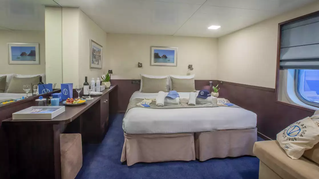 Harmony V Category P stateroom with one large window and couch.