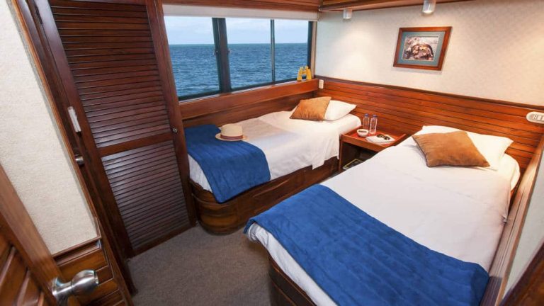 Letty stateroom Dolphin deck cabin with 2 twin beds, large picture window, closet, nightstand and reading light.
