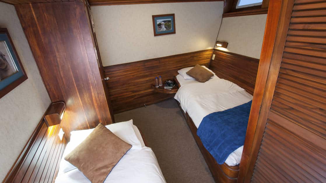 Letty stateroom Iguana Deck with 2 twin beds, closet, nightstands, reading lights, bathroom and small window.