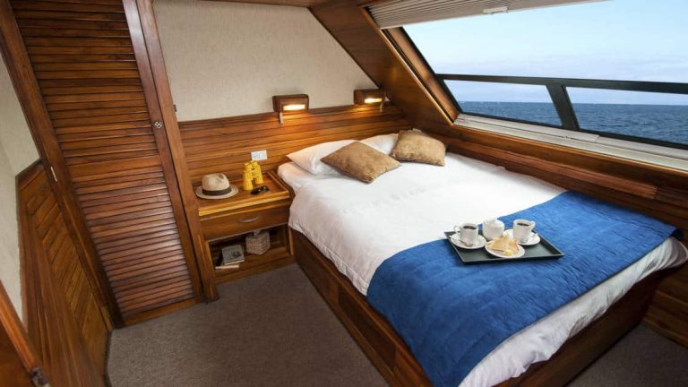 Letty stateroom single cabin with double bed, extra large picture window, nightstand, reading light and closet.