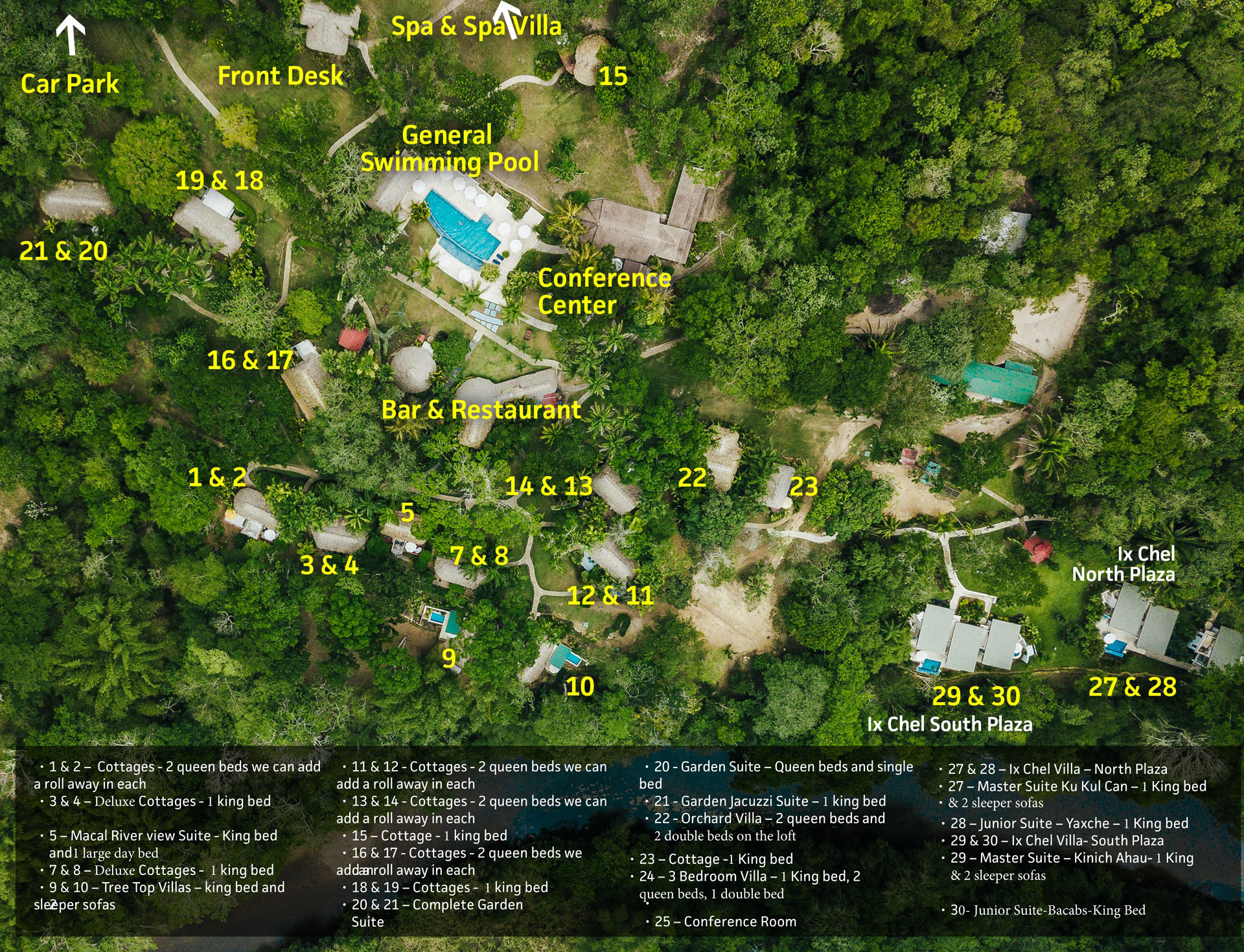 Aerial photograph of The Lodge at Chaa Creek in Belize, with 16 cottage rooms, 3 suites & 5 villas.