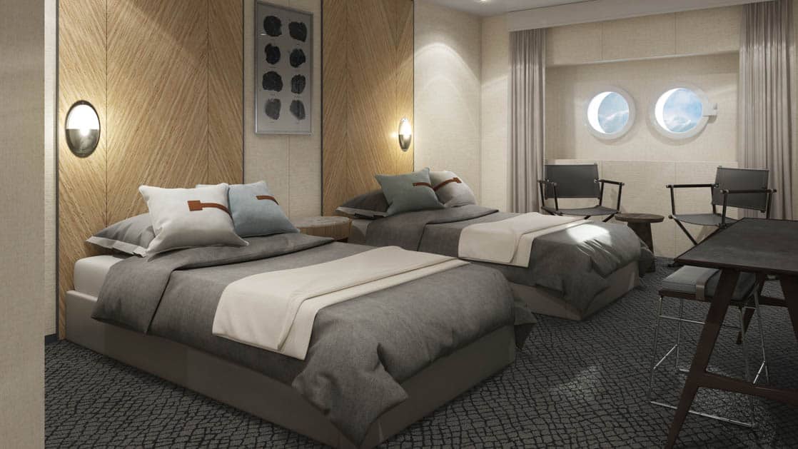 Rendering of Porthole cabin with 2 twin beds, 2 portholes and 2 armchairs aboard Magellan Explorer Antarctica expedition ship