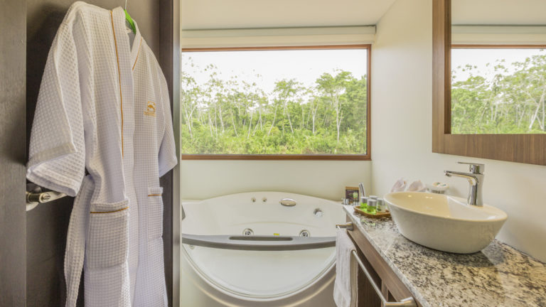Manatee Amazon Explorer stateroom bathroom with jacuzzi tub, vanity and sink, shower and bathrobe.