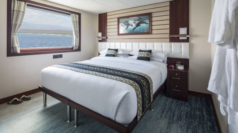 Cabin with large bed beside large picture window aboard Cabin with large bed, armchair, large window aboard National Geographic Endeavour II in the Galapagos Islands
