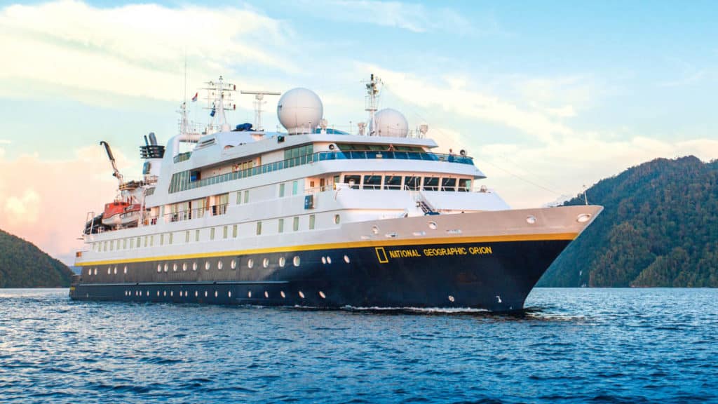Full exterior of starboard side and bow of National Geographic Orion expedition ship