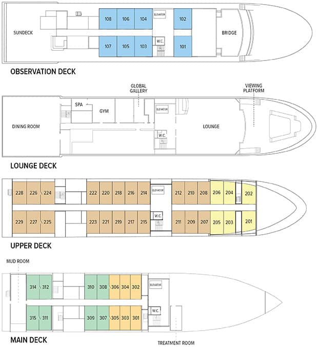 Deck plan detailing Main Deck, Upper Deck, Lounge Deck and Observation Deck of National Geographic Quest luxury expedition ship