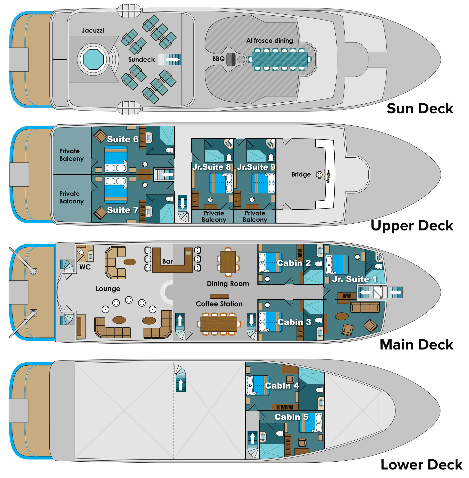 Deck plan of Natural Paradise yacht in Galapagos with 4 passenger decks, 3 Junior Suites, 2 Suites, 4 cabins & Jacuzzi.