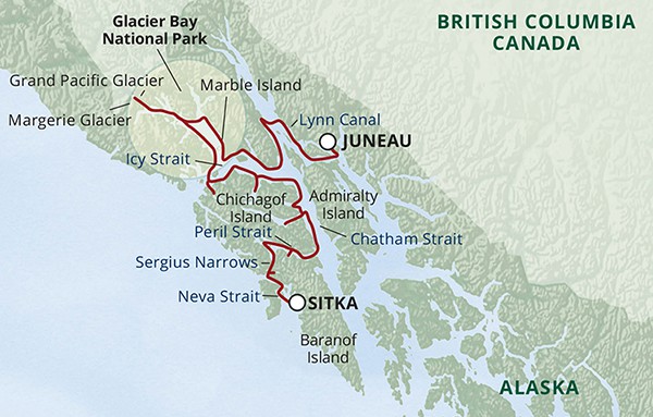 Route map of Northern Passages & Glacier Bay Cruise from Juneau to Sitka.