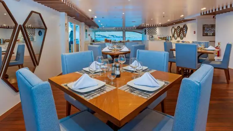 Dining room with 4 wooden tables surrounded by padded blue chairs with white walls, dark wooden floors & large window aboard a ship.