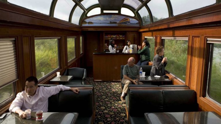 travelers on a luxury passenger train with windows and a glass ceiling on the panama discovery land tour relax on large comfortable chairs and tables