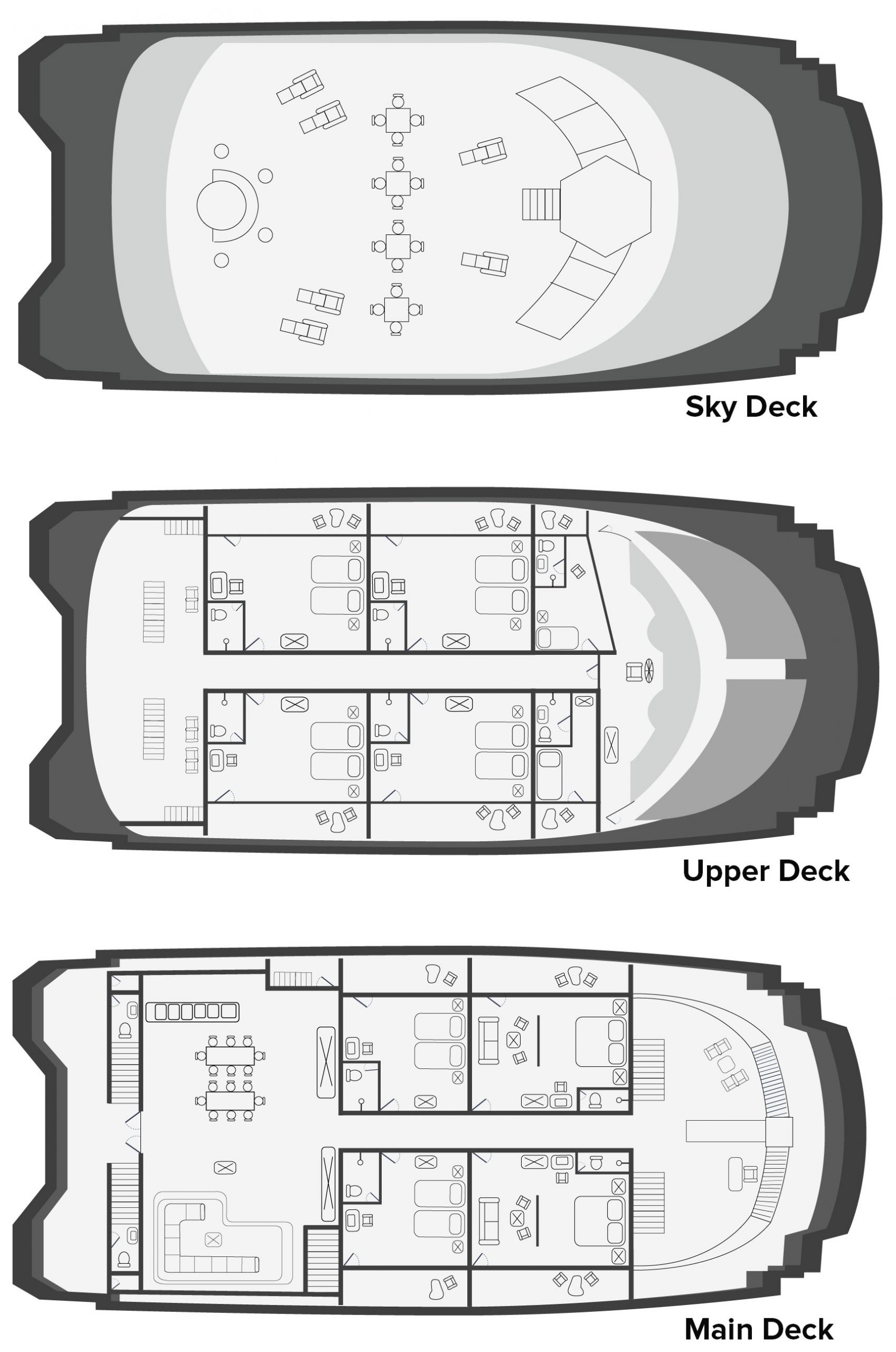 Deck plan of Petrel boat in Galapagos with 3 passenger decks, 2 double occupancy suites, 6 double occupancy cabins & 1 single occupancy cabin.
