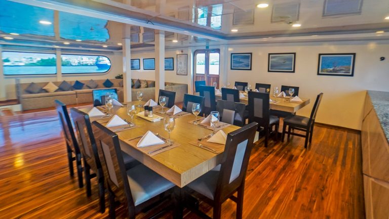 Dining area of Petrel catamaran in Galapagos with wood floor, 2 8-guest tables, dark wood chairs & marble food servicebar.