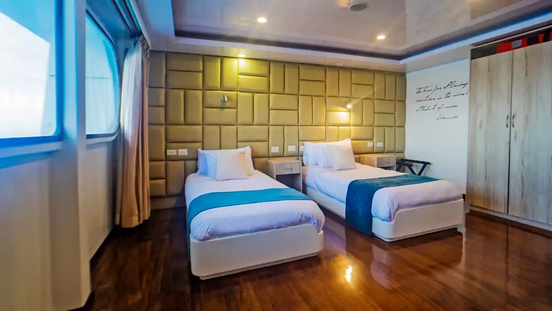 Stateroom on Petrel boat in Galapagos with 2 twin beds with white sheets & padded gold headboard by panoramic window & armoire.
