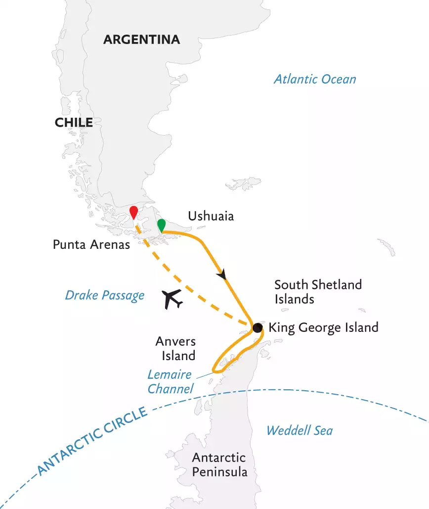 Route map of Antarctic Express: Cruise South, Fly North Antarctica small ship air cruise, cruising from Ushuaia, Argentina to Antarctica & ending with a charter flight to Punta Arenas, Chile.