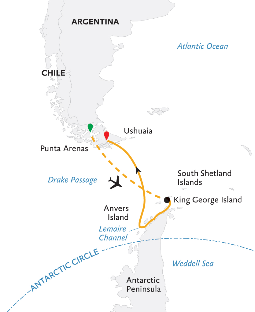 Route map of Antarctic Express: Fly South, Cruise North Antarctica small ship air cruise, flying from Punta Arenas, Chile to Antarctica & ending by cruising to disembark in Ushuaia, Argentina.
