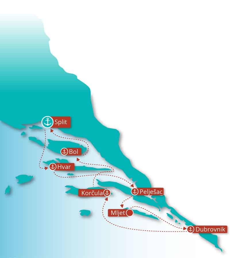 Route map of Croatia Island Hopper cruise between Split and Dubrovnik with Wednesday departures.