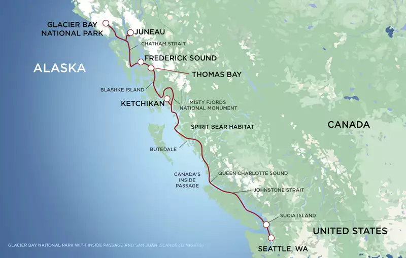 Route map of Glacier Bay National Park with Inside Passage & San Juan Islands cruise between Seattle, Washington & Juneau, Alaska.