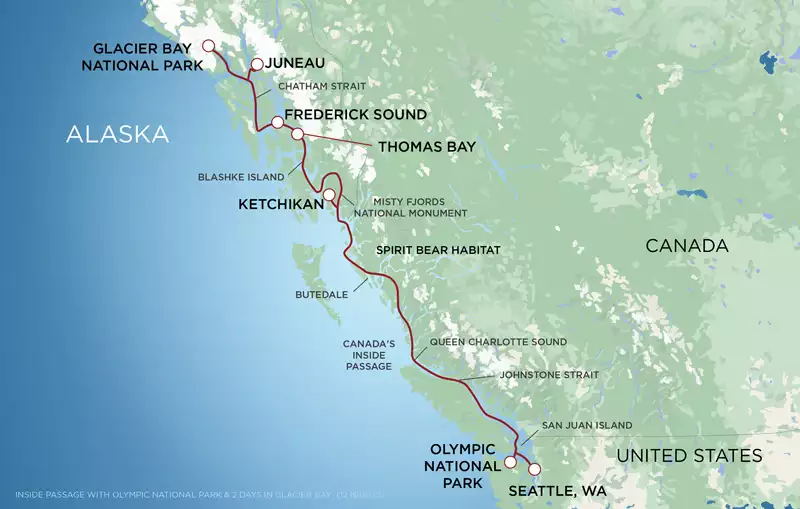 Route map of Inside Passage with Olympic National Park & 2 Days in Glacier Bay cruise between Seattle, Washington & Juneau, Alaska.