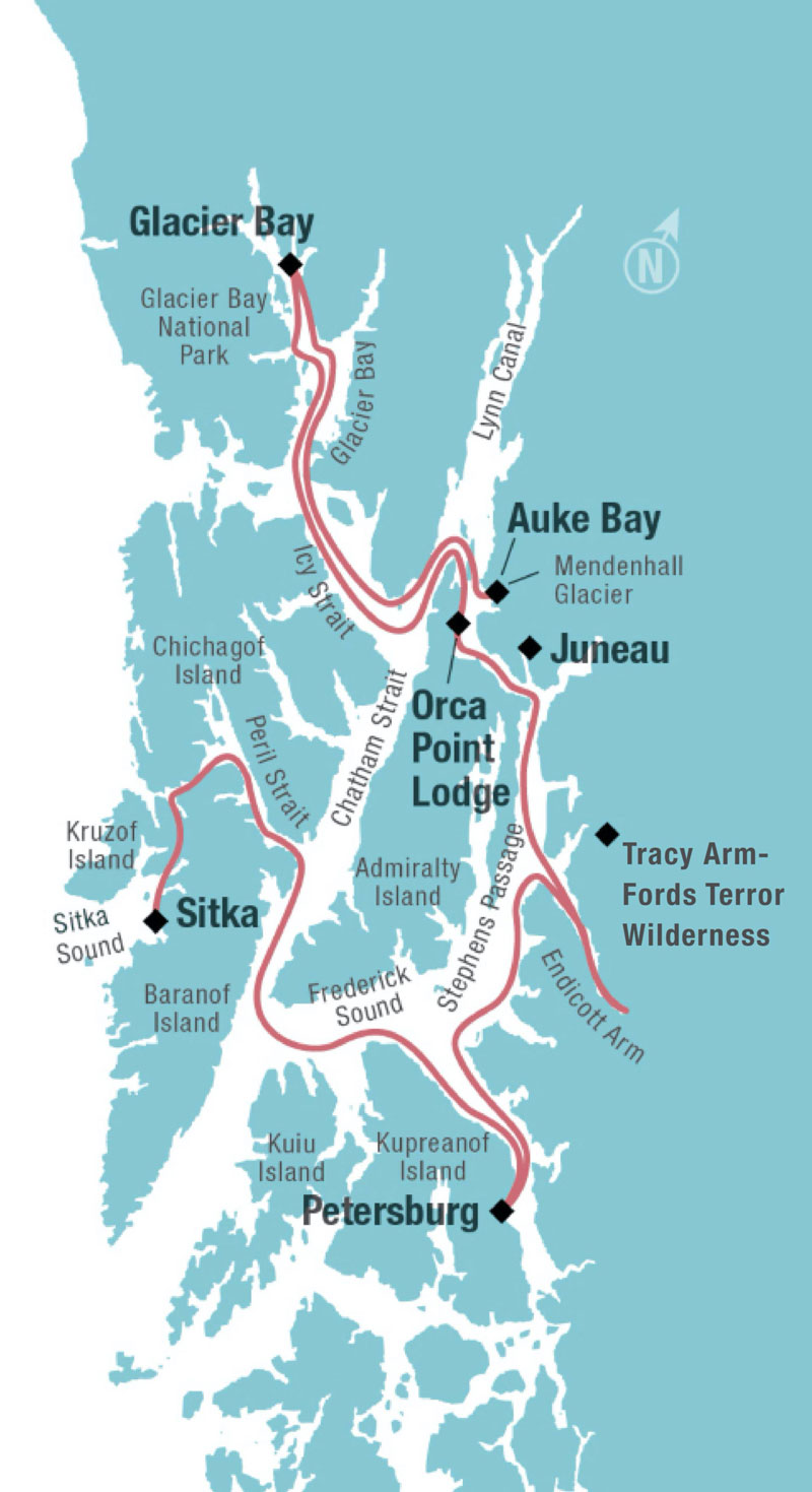 Route map of Last Frontier Adventure cruise in southeast Alaska, between Sitka & Juneau with visits to Baranof & Admiralty Islands, Glacier Bay & Petersburg.
