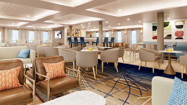 Panorama bar & lounge on Santa Cruz II ship with tan leather chairs, beige couches, tall blue bar chairs & view windows.
