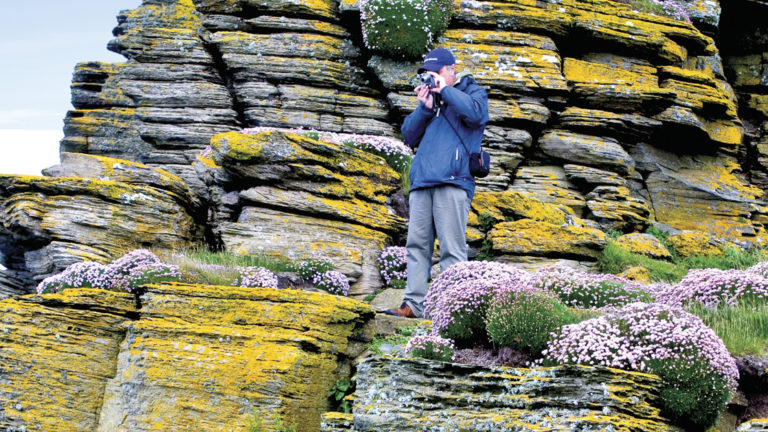 Man with camera taking a photograph On the Isle of Westray with mossy rocks and purple flowers surrounding him