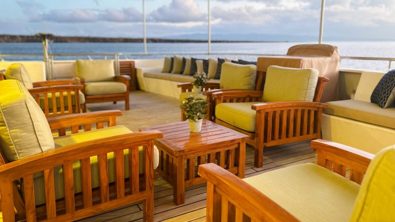 Alfresco deck with lots of lounge space to soak up the sun while keeping an eye on the sights as you cruise the Galapagos isles