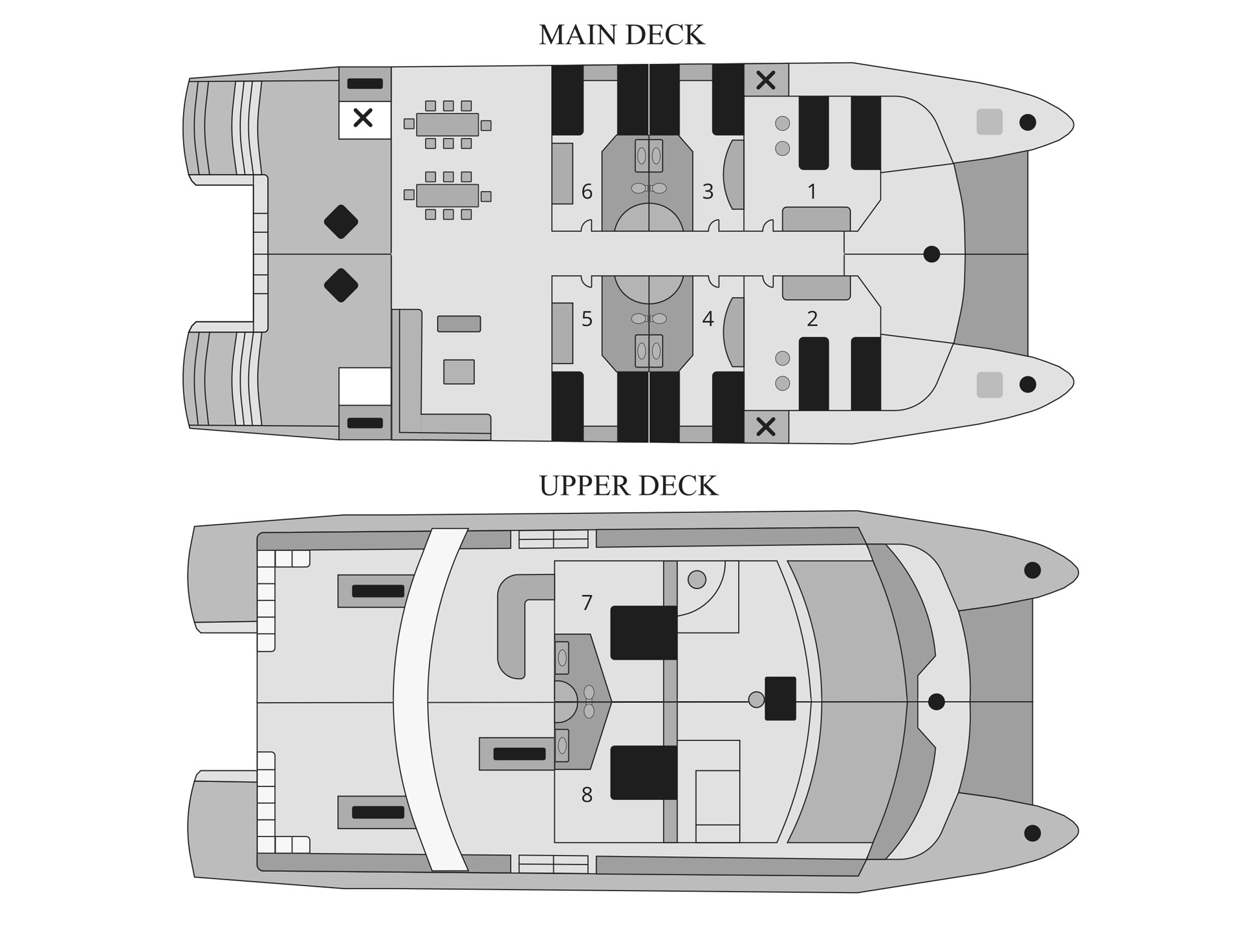 Deck plan detailing Main Deck and Upper Deck of Seaman Journey catamaran in the Galapagos Islands