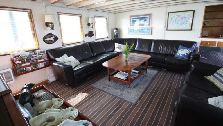 Salon with L couch, armchair, table, TV, bookcase, large windows aboard Sea Wolf yacht in Alaska