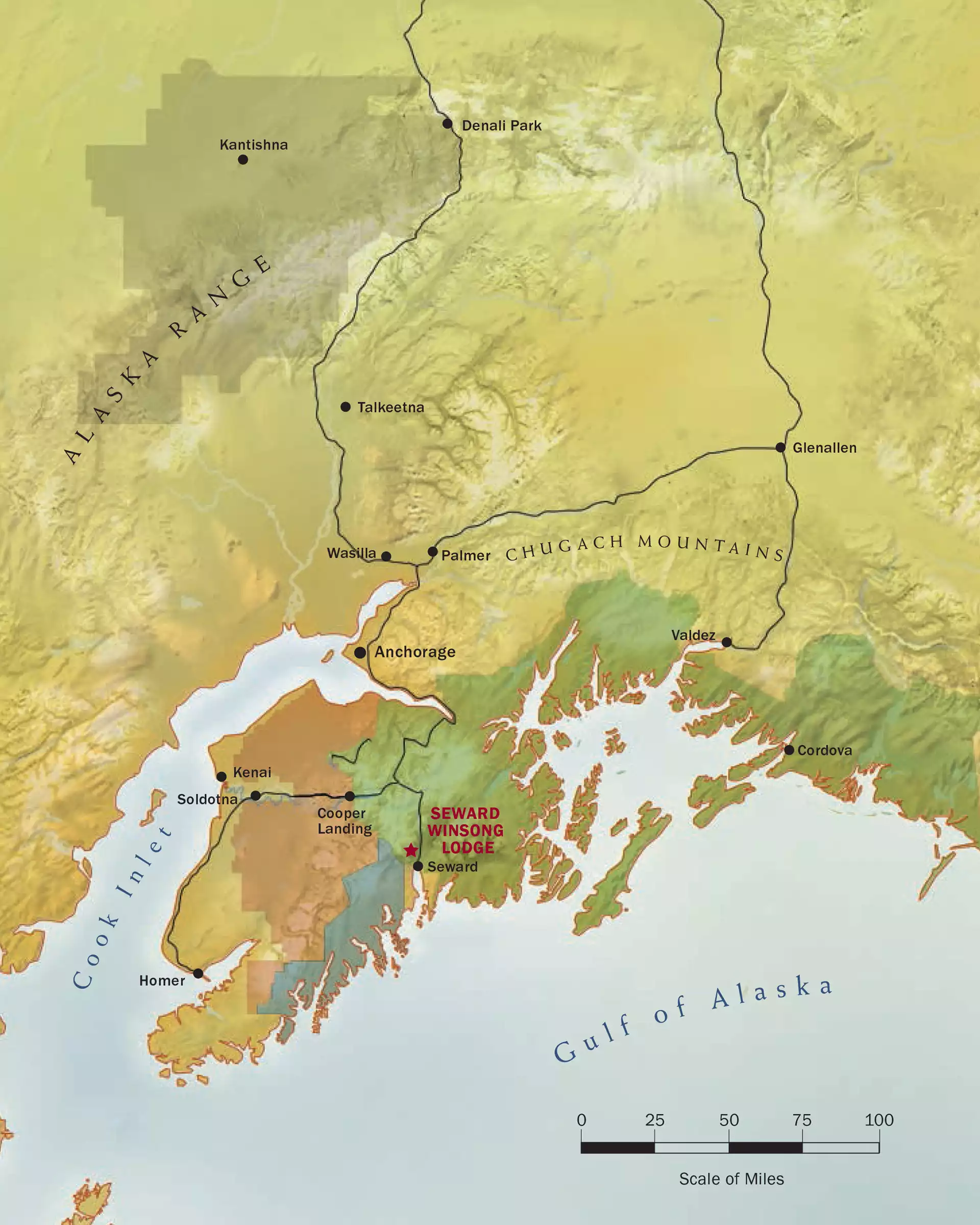 Location map of Seward Windsong Lodge in southcentral Alaska.