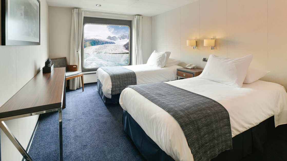 The Stella Australis in Chilean Patagonia has plenty of space in the AA Twin cabin features twin beds with a full length window
