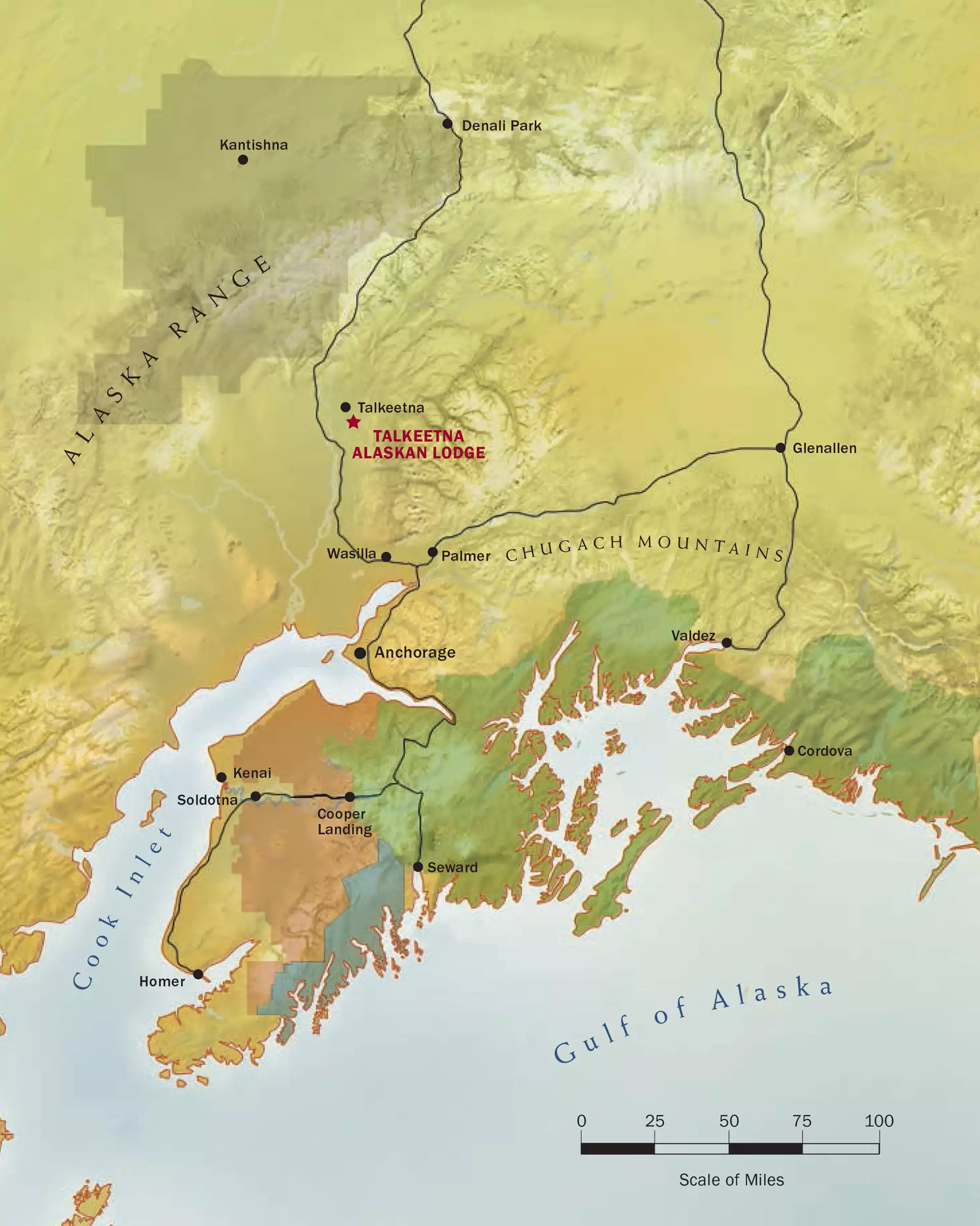 Location map of Talkeetna Lodge in southcentral Alaska.